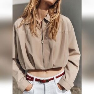 NWOT Zara Womens Cropped Zip Up Windbreaker Jacket Beige Tan Collared Size M